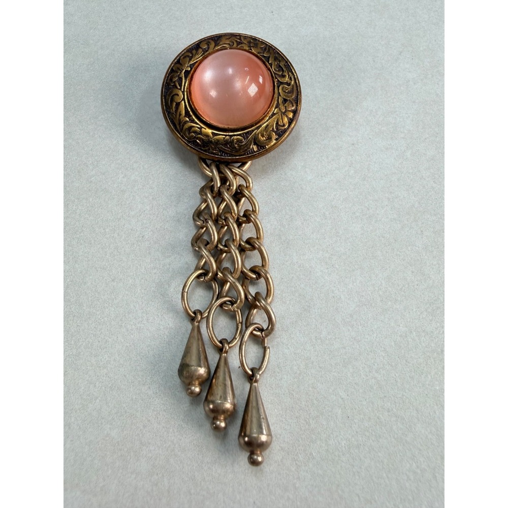 Vintage Pink Cabochon Dangle Brooch Gold Tone Ornate Chain Tassel Pin Pretty